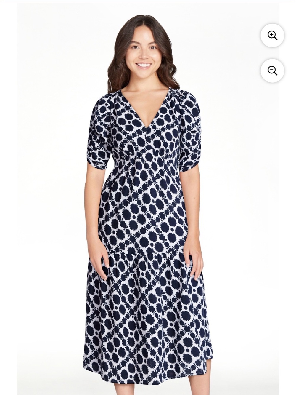 Navy and White Blockprint Floral V‑Neck Midi Dress